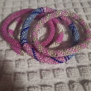 Beaded Bracelet Set - Pink, Blue, and White